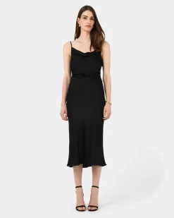 Forcast Mae Side Ruched Satin Dress Black Outlet