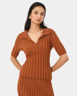 Forcast Manhattan Polo Knit Top Rust Discount