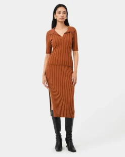 Forcast Manhattan Polo Knit Top Rust Discount