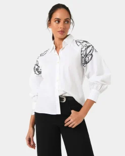 Forcast Maren Embroidered Cotton Shirt White Sale