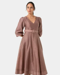 Forcast Marlie Puff Sleeve Midi Dress Wood Smoke Online