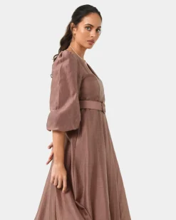 Forcast Marlie Puff Sleeve Midi Dress Wood Smoke Online