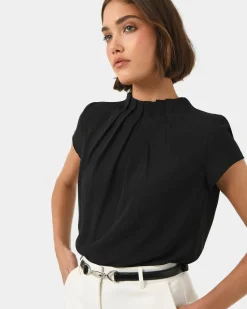 Forcast Olivia Pleated High Neck Top Black Clearance