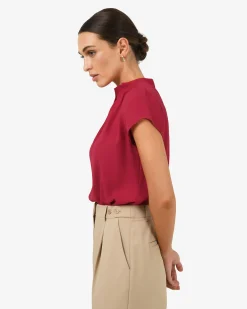 Forcast Olivia Pleated High Neck Top Crimson Best