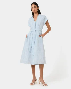 Forcast Paris Linen Midi Dress Blue Stripe Discount