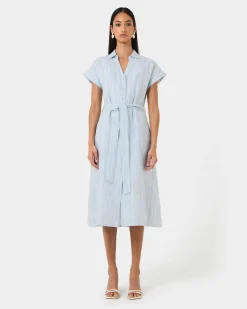 Forcast Paris Linen Midi Dress Blue Stripe Discount