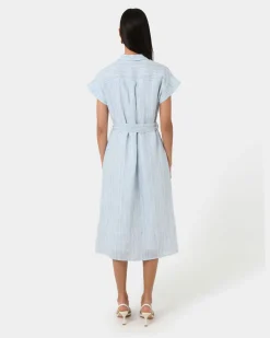 Forcast Paris Linen Midi Dress Blue Stripe Discount