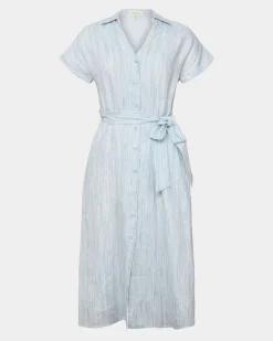 Forcast Paris Linen Midi Dress Blue Stripe Discount