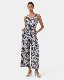 Forcast Ren Linen Blend Jumpsuit Navy Floral Outlet