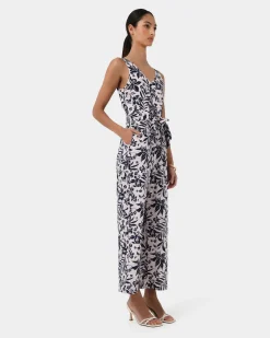 Forcast Ren Linen Blend Jumpsuit Navy Floral Outlet