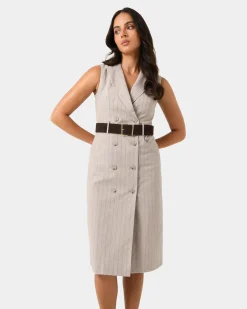 Forcast Ria Stripe Cotton Blend Dress Beige Brown Online