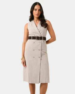 Forcast Ria Stripe Cotton Blend Dress Beige Brown Online