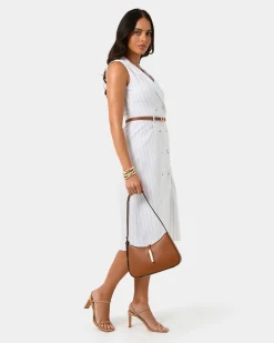 Forcast Ria Stripe Cotton Blend Dress Ivory Brown New