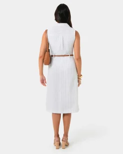 Forcast Ria Stripe Cotton Blend Dress Ivory Brown New