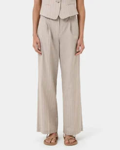 Forcast Ria Stripe Cotton Blend Pants Beige Brown Sale