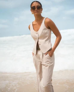Forcast Ria Stripe Cotton Blend Pants Beige Brown Sale