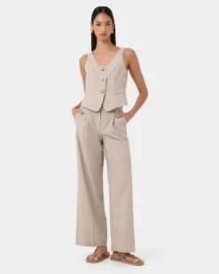 Forcast Ria Stripe Cotton Blend Pants Beige Brown Sale