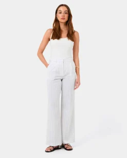 Forcast Ria Stripe Cotton Blend Pants Ivory Brown New