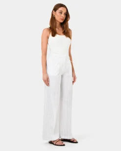 Forcast Ria Stripe Cotton Blend Pants Ivory Brown New