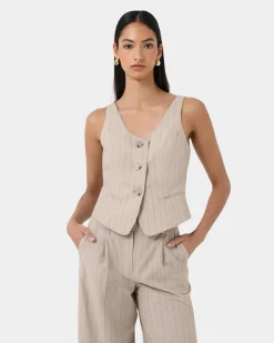 Forcast Ria Stripe Cotton Blend Vest Beige Brown Sale