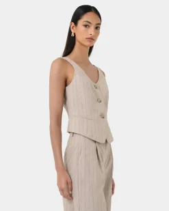 Forcast Ria Stripe Cotton Blend Vest Beige Brown Sale