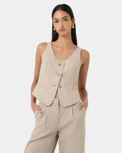 Forcast Ria Stripe Cotton Blend Vest Beige Brown Sale