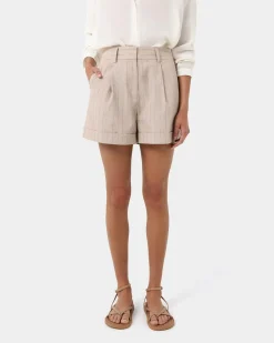 Forcast Ria Stripe Cotton Shorts Beige Brown Online