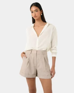 Forcast Ria Stripe Cotton Shorts Beige Brown Online