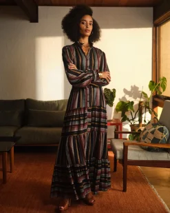 Forcast Roxana Linen Tiered Maxi Dress Vintage Stripe Online