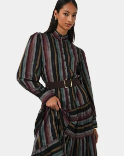 Forcast Roxana Linen Tiered Maxi Dress Vintage Stripe Online
