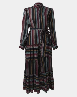Forcast Roxana Linen Tiered Maxi Dress Vintage Stripe Online