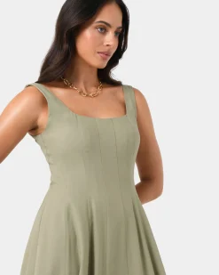 Forcast Saira 2 Linen A-line Dress Light Khaki Discount