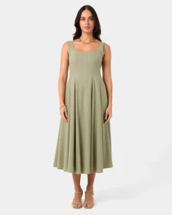 Forcast Saira 2 Linen A-line Dress Light Khaki Discount