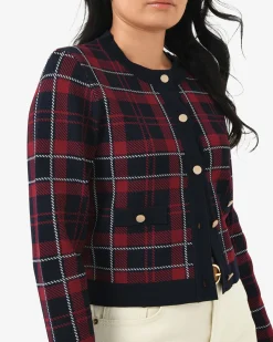 Forcast Siane Check Knit Cardigan Red & Navy Sale