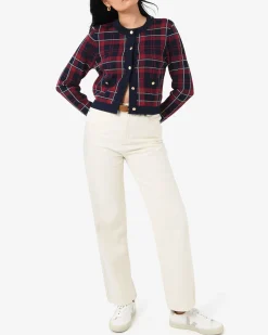 Forcast Siane Check Knit Cardigan Red & Navy Sale