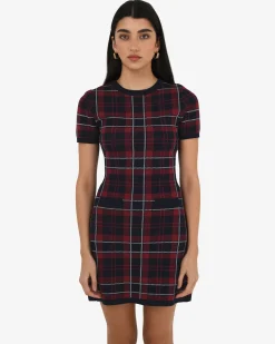 Forcast Siane Check Knit Dress Red & Navy Outlet