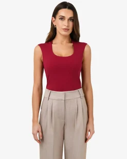 Forcast Soho Rounded Square Neck Top Crimson Red New