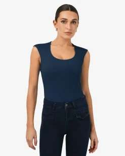 Forcast Soho Rounded Square Neck Top Wash Navy Best