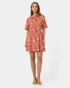Forcast Sunshine Pleated Dress Coral Print Clearance