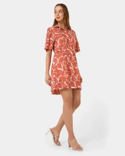 Forcast Sunshine Pleated Dress Coral Print Clearance