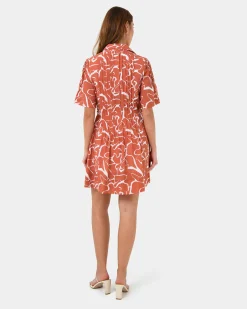 Forcast Sunshine Pleated Dress Coral Print Clearance