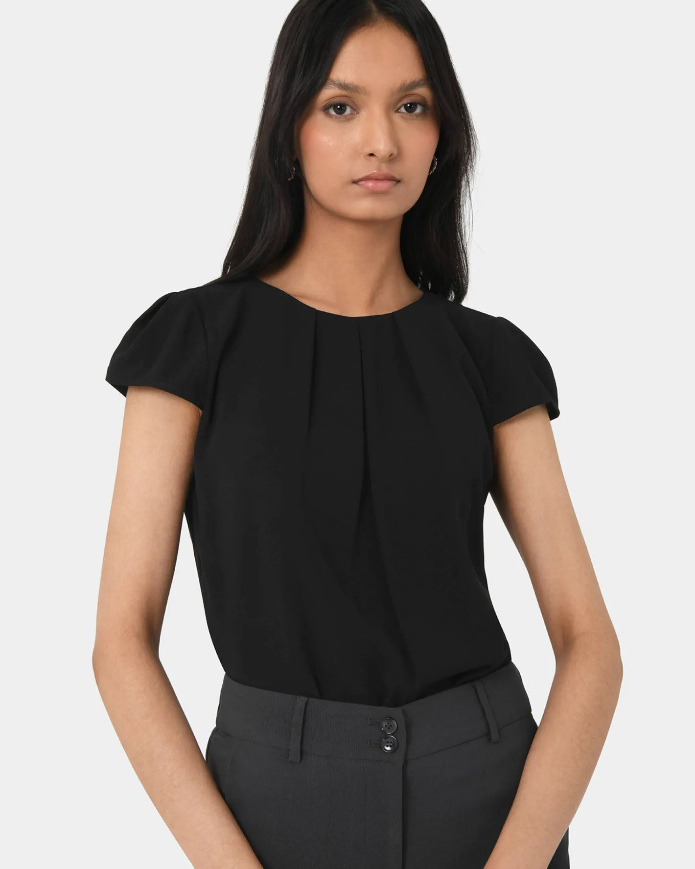 Forcast Tamera Pleated Round Neck Top Black Hot