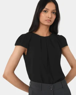 Forcast Tamera Pleated Round Neck Top Black Hot