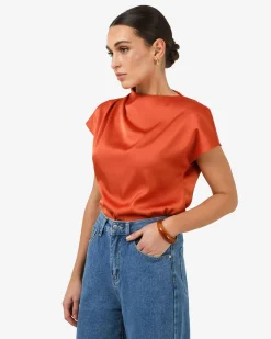 Forcast Zafina Pleated Draped Top Burnt Orange