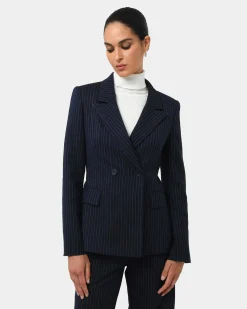 Forcast Zara Double Breasted Blazer Navy Pinstripe New
