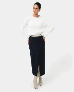 Forcast Zara Tailored Midi Skirt Navy Pinstripe Clearance